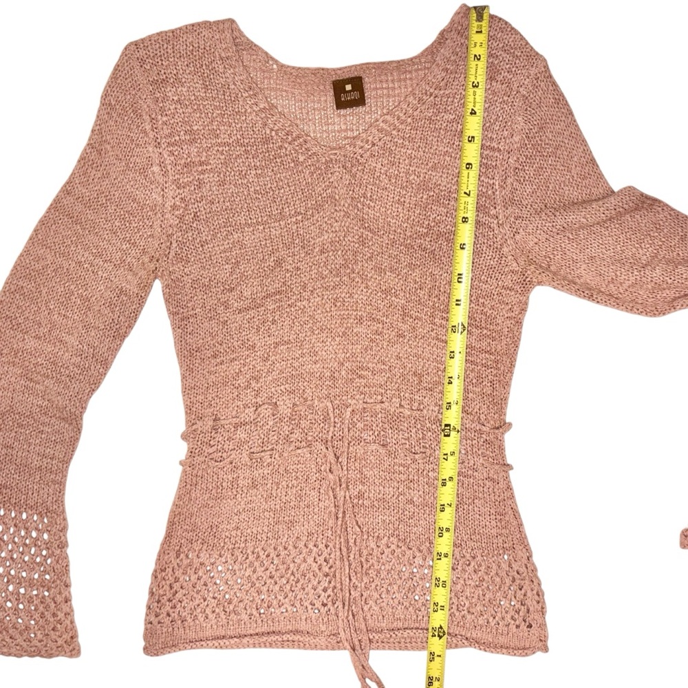 Ashaqi Blush Pink Knit Tie-Waist Bell-Sleeve Sweater - Picture 8 of 8